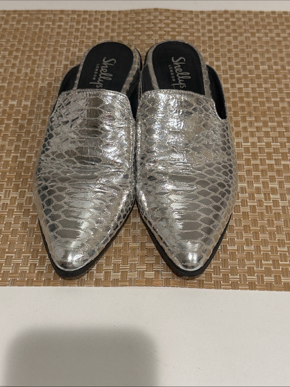 Shellys London Silver Textured Pointed Mules